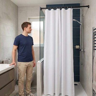 Barre de douche homme regardant son installation