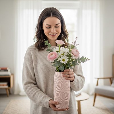 Vase rose dans les mains d'une dame
