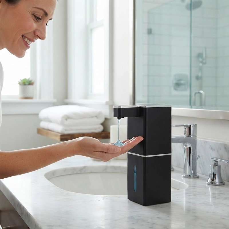 Distributeur de savon automatique​ dame prenant savon sur distributeur noir