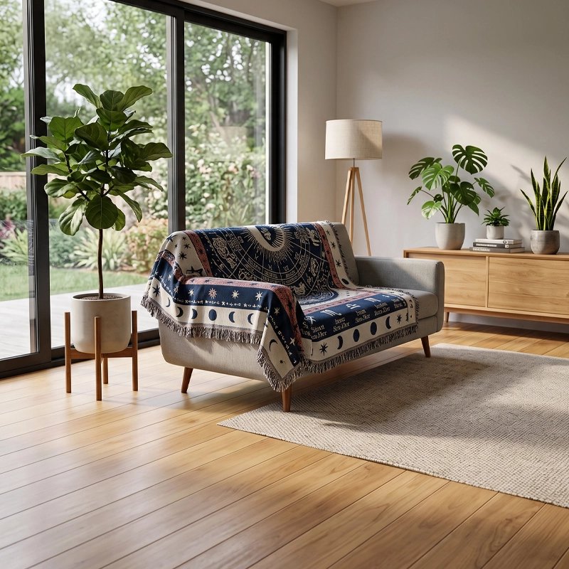 Jete de canape beige bleu rose étendu sur sofa
