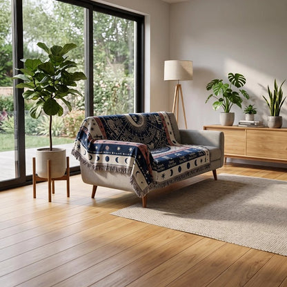 Jete de canape beige bleu rose étendu sur sofa