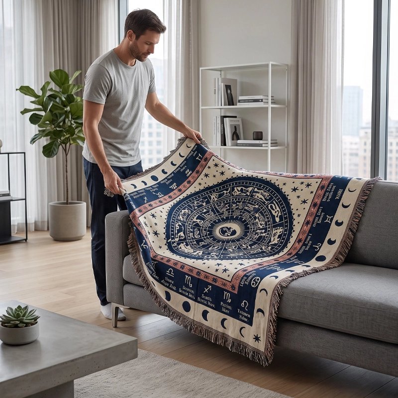 Jete de canape bleu beige et rose homme étang