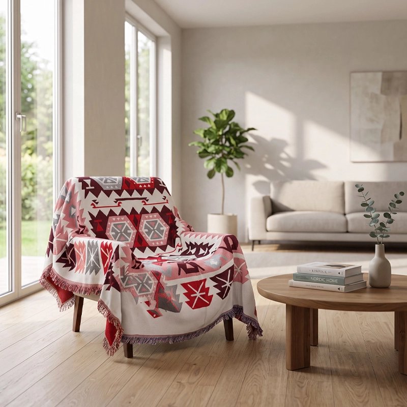 Jete de canape pour fauteuil rouge et blanche