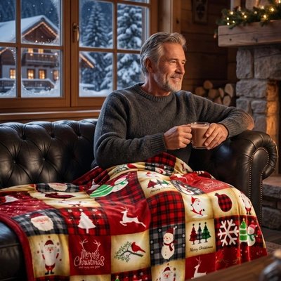 Plaid noel homme café a la main