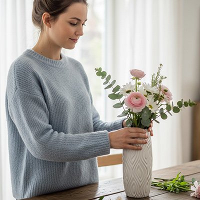 Vase blanc dame mais fleur dans vase